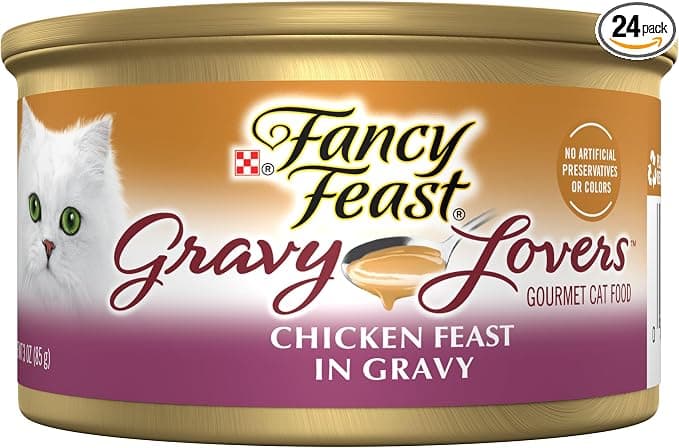 Fancy Feast Purina Gravy Lovers Chicken Wet Cat Food, 3 oz Cans, 24-Pack
Variety Pack with poultry grilled gourmet recipes, made with no artificial colors or preservatives, 100% complete and balance