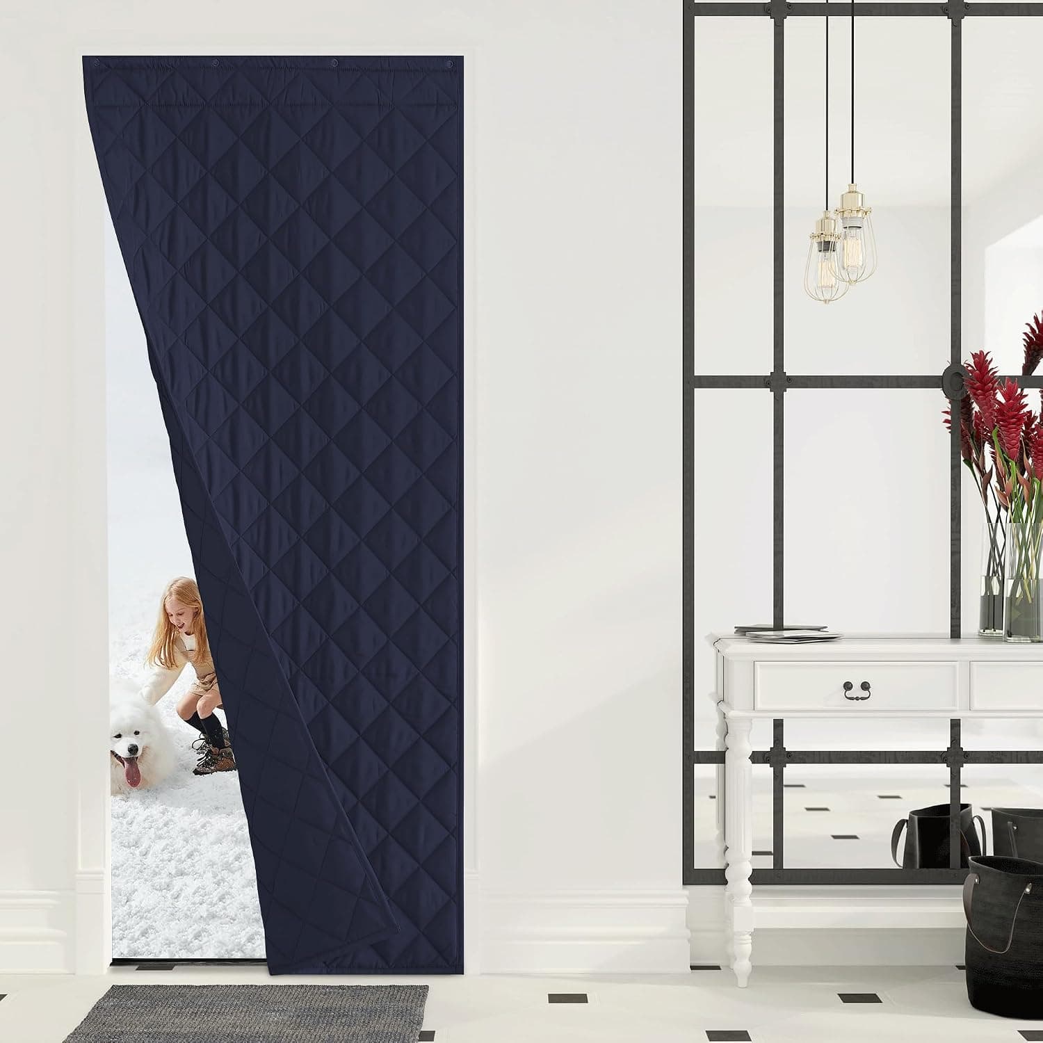 NICETOWN Thermal Insulated Door Curtain, 38"x82" Thermal Windproof Cover with 3 Hanging Ways,Saves Heating Costs for Old House Keep Warm for Doorway Kitchen Living Room, Navy Blue, 1 PC